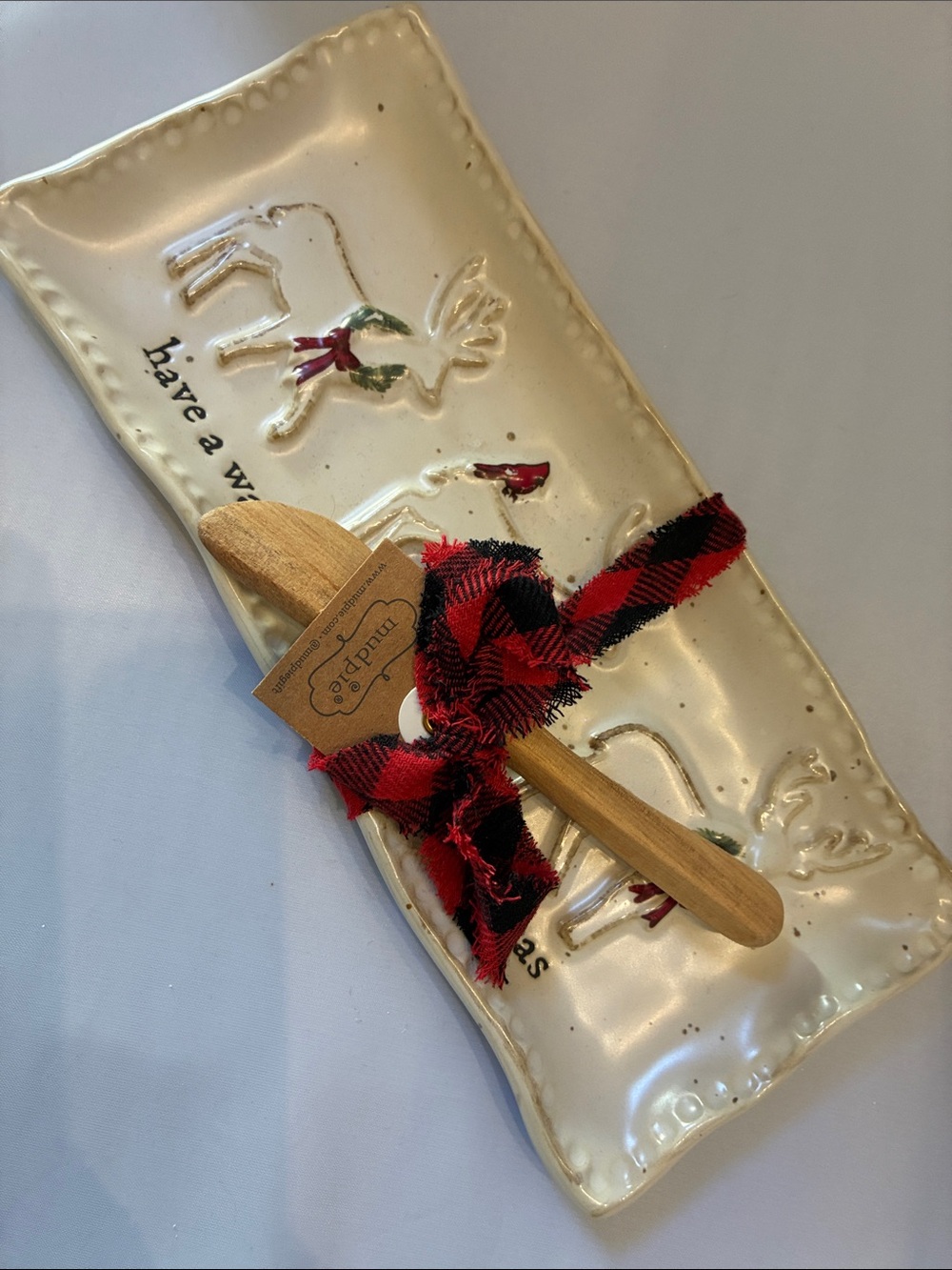 Mud Pie Red and Black Plaid Ribbon Wooden Spreader